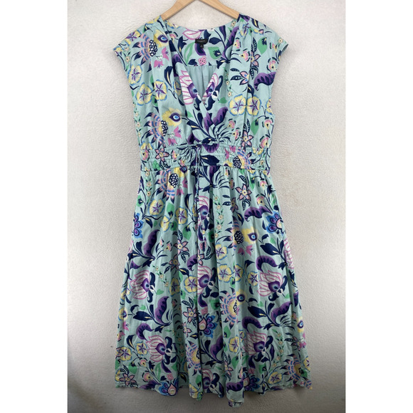 TALBOTS Dress 14 Voile Midi Floral Surplice Fit and Flare Smocked Cotton Blue - Picture 1 of 15